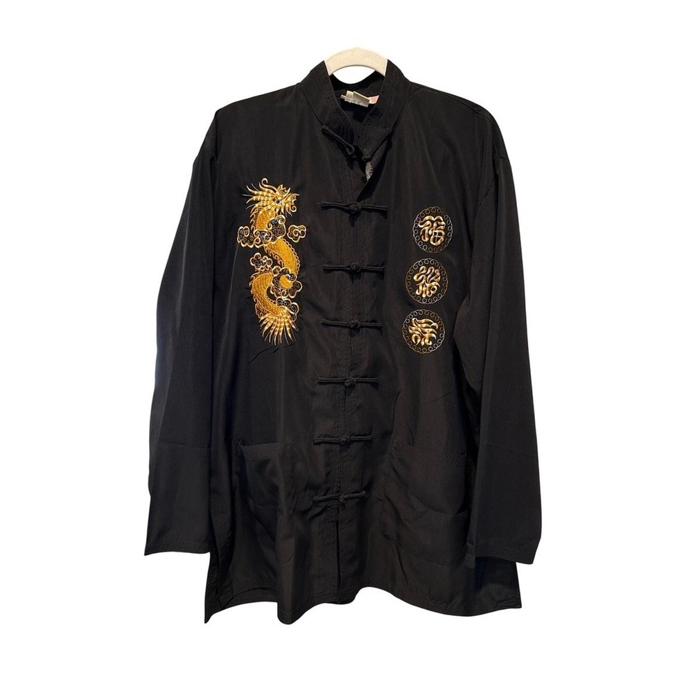 Health Dragon Embroidered Kung Fu Kimono Jacket XL Black Frog Button Vintage